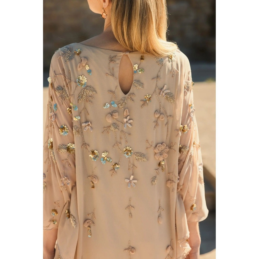 NWT Mac Duggal Floral Embellished Kaftan Gown in Nude Gold Size 12 Fairy Boho - Picture 3 of 16
